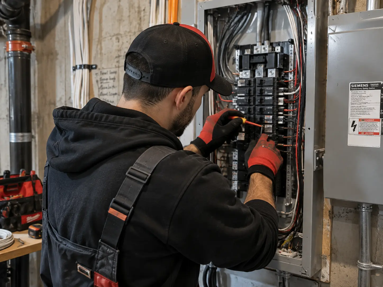 Electrician installing a new 200 amp electrical panel in a Caledon home